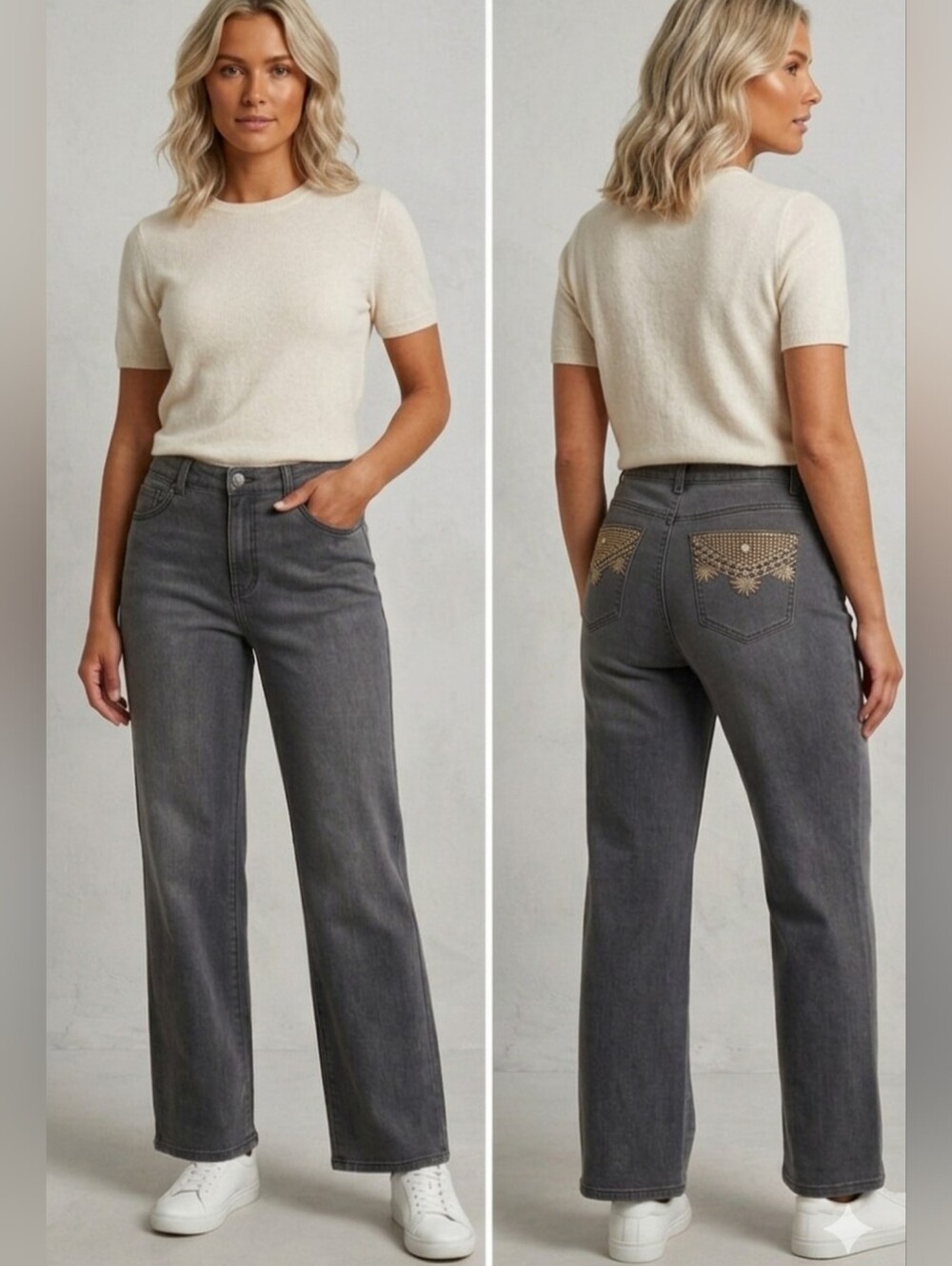 Elevated Casual, Simon Chang Straight Leg Jeans,Grey,Embroidered Pockets,Size 14